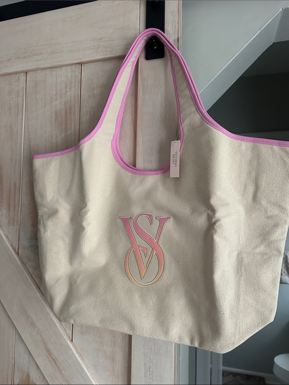 Victoria's Secret Cream Canvas Tote with Pink Trim and Gradient Logo